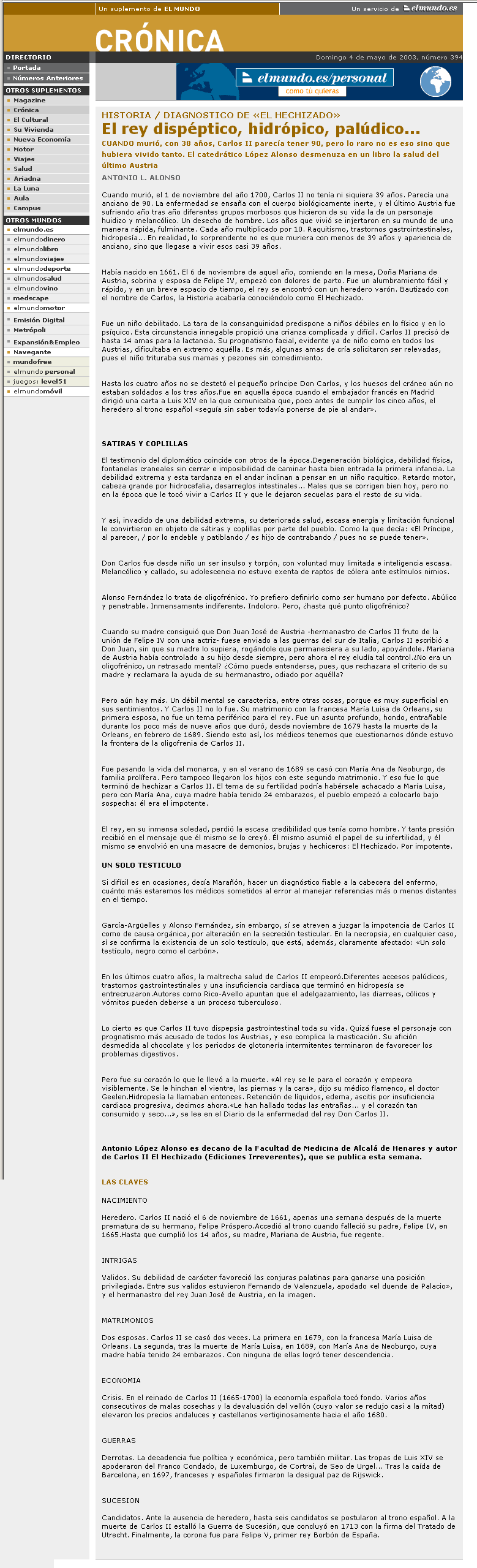 Carlos II, El rey dispéptico, hidrópico, palúdico..., en El Mundo